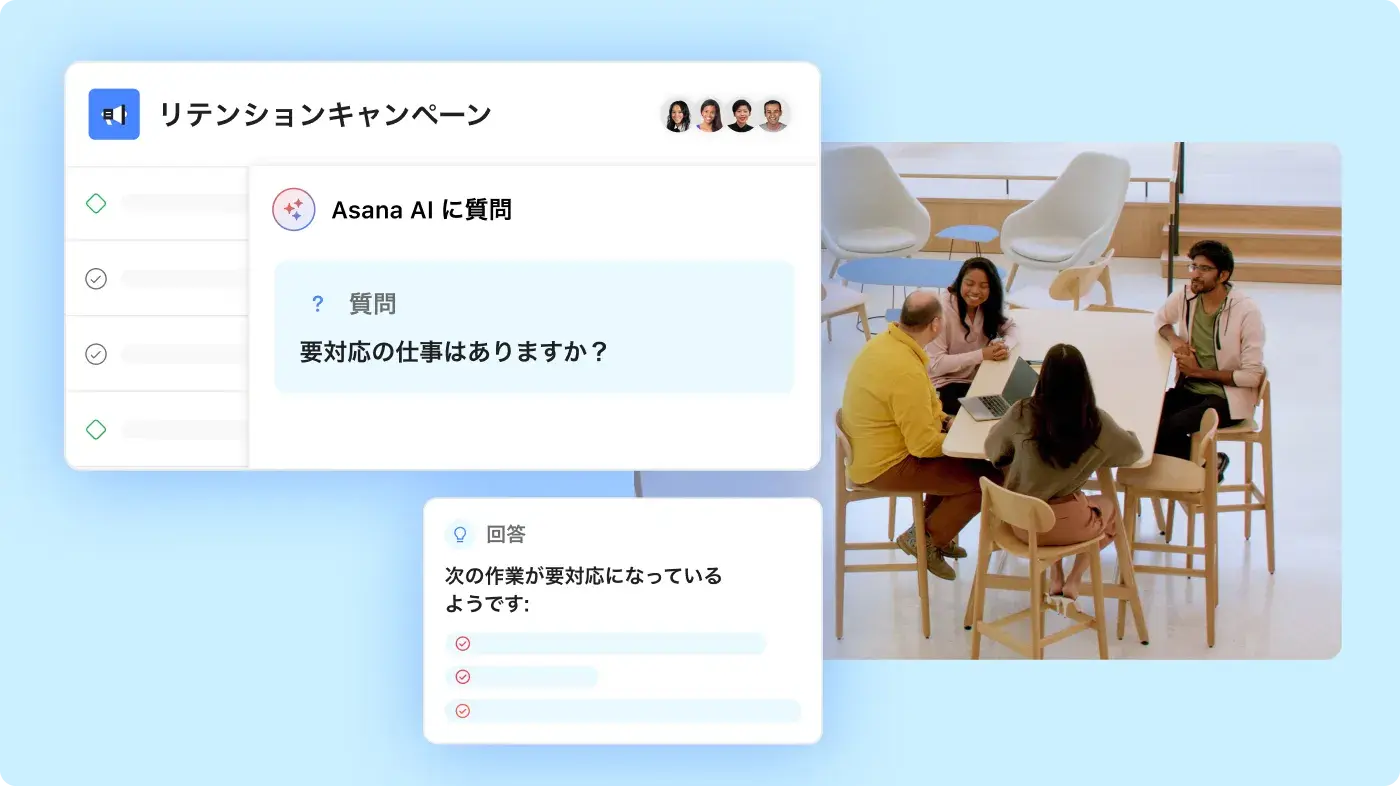 ミーティングに参加する社員の上に AI の Asana 製品 UI がオーバーレイされている画像
